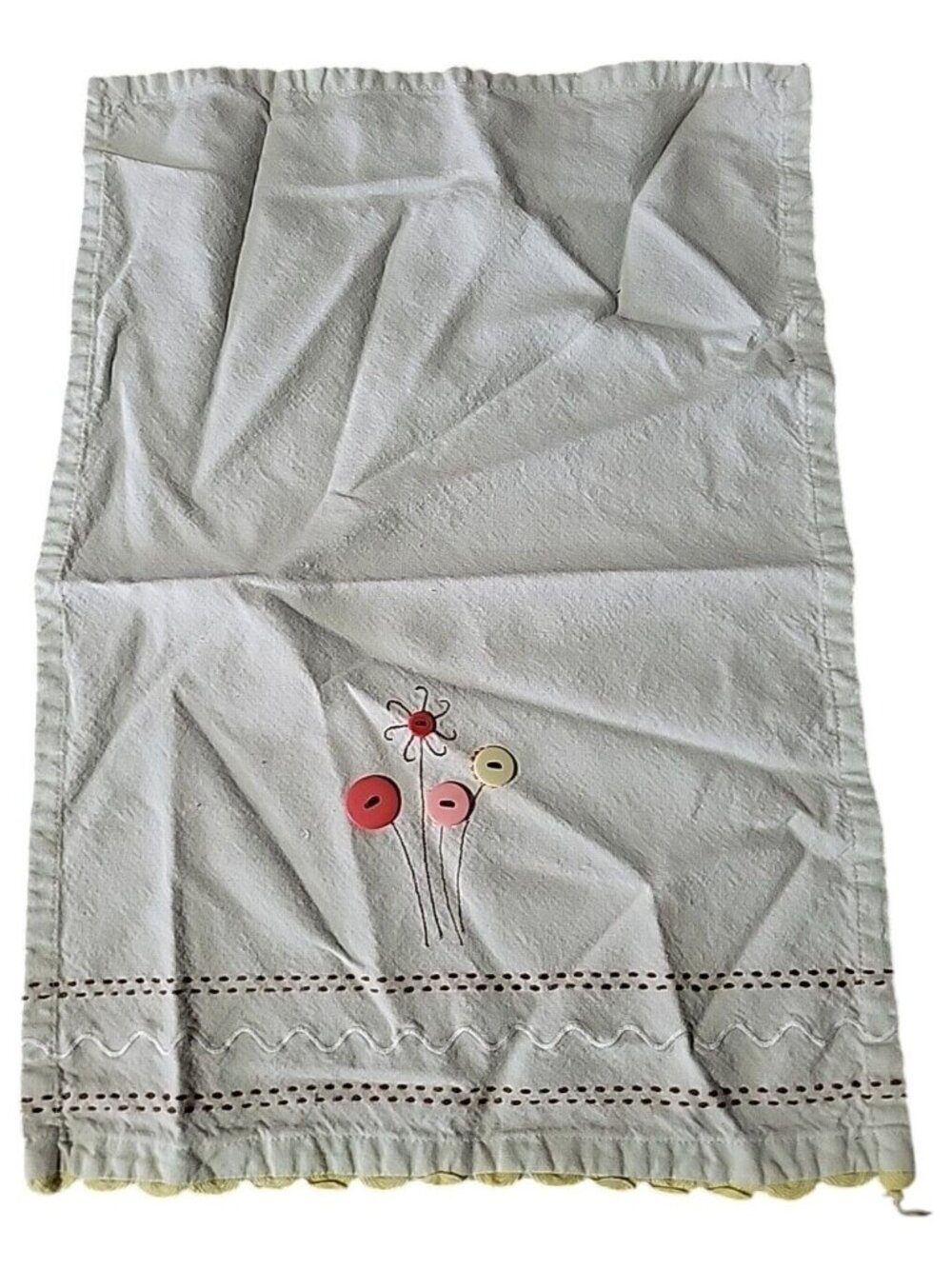 tag Tea Towel Embroidered Button Flowers Stitched Ricrack Crochet Edge 14x21in
